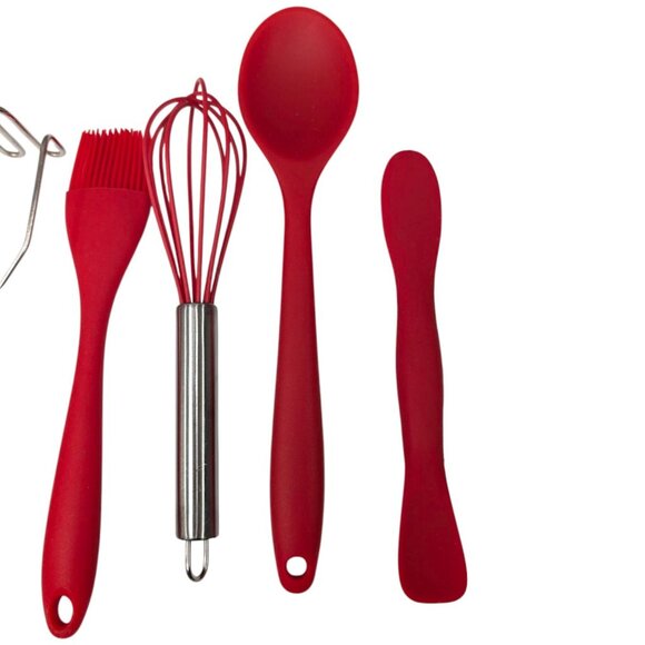 Kitchen Tool LOT OF 9 Red Silicon Tongs Wisk Ladle Spoon Brush Potato Masher - Picture 4 of 10